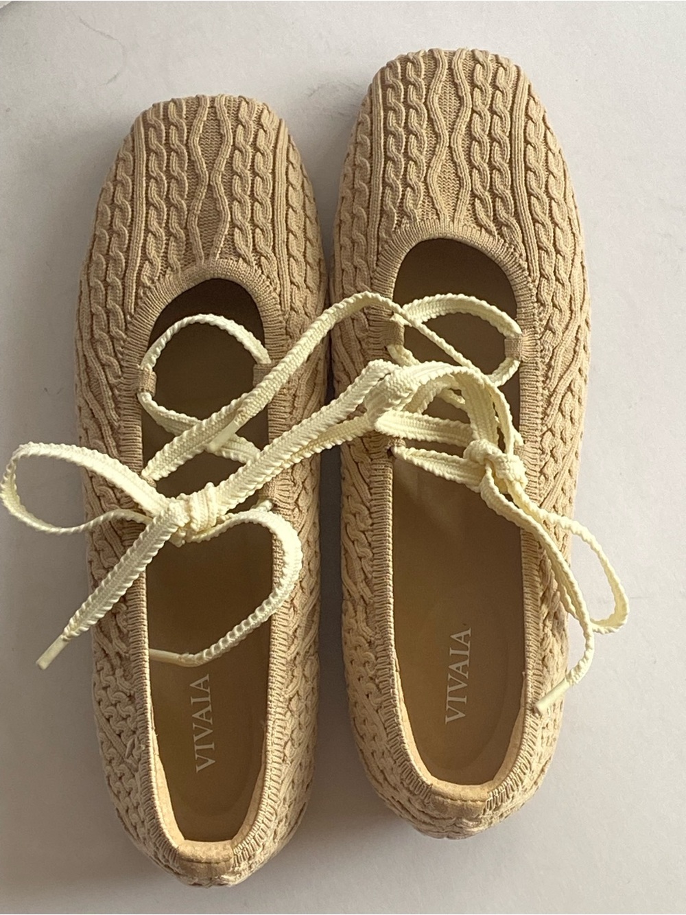 NWOB VIVAIA Cable Knit Lace-Up Ballet Flat Beige EU 39 US 8.5 Square Toe Comfort - Picture 2 of 13